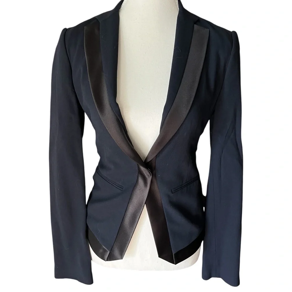 BCBGMaxAzria Navy Black Satin-Trim Blazer Size XXS Business Casual Office - Picture 1 of 6